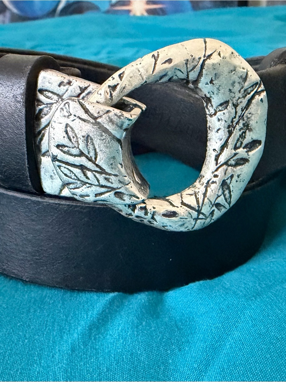 Coldwater Creek Black Leather Belt with Antiqued Silver Leaf Buckle